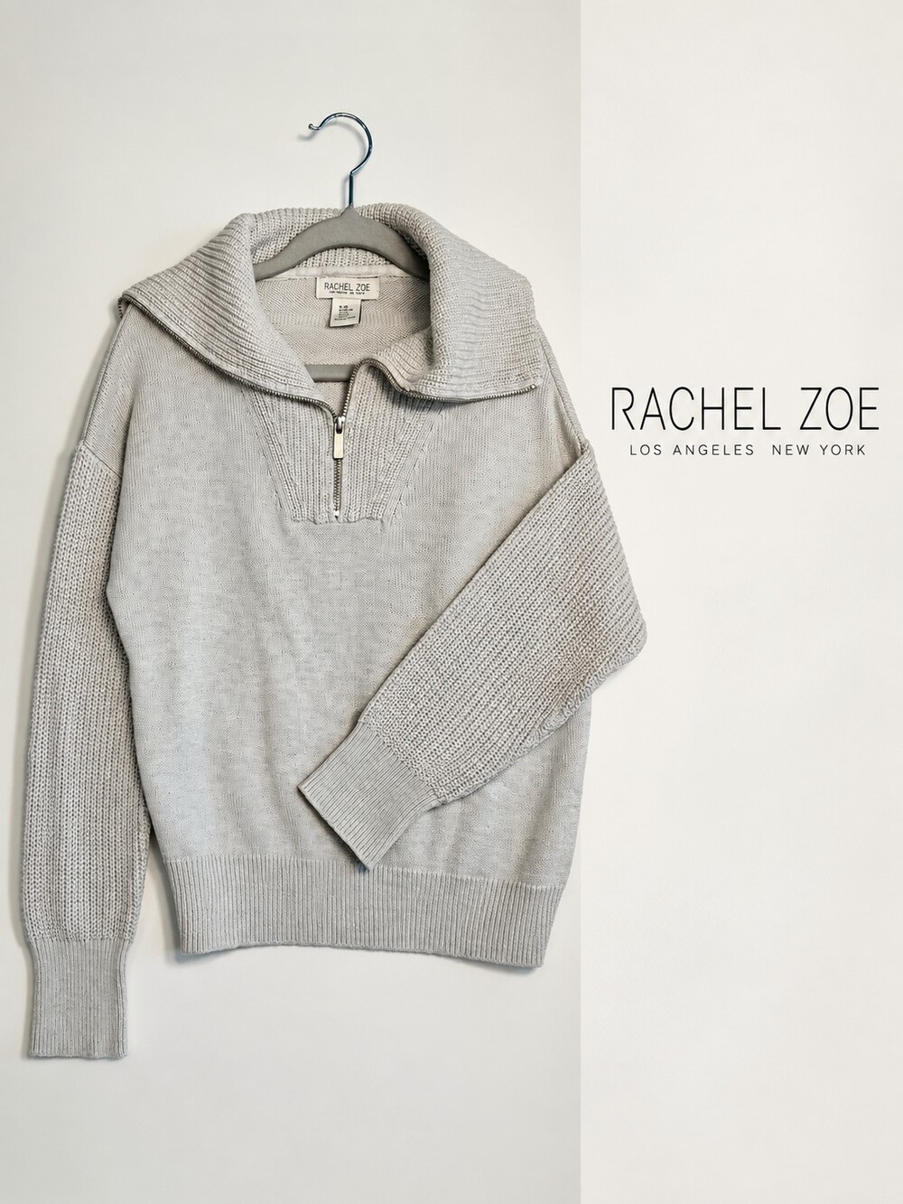 Rachel Zoe XS Grey Cotton Blend Quarter Zip Knit Sweater Oversized Collar